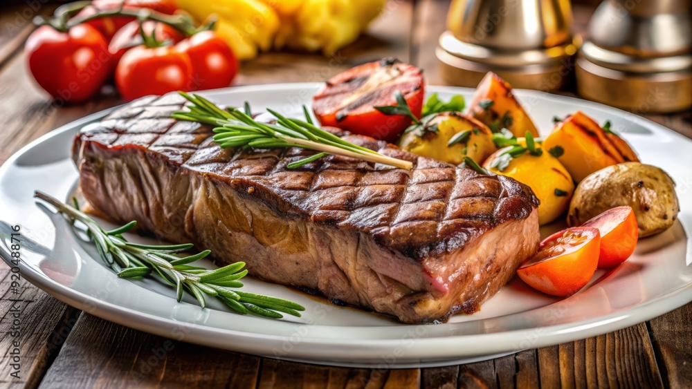 Juicy, thick-cut New York strip steak, expertly grilled to perfection, served with roasted vegetables on a elegant white plate in a upscale dining atmosphere. Juicy, thick-cut New York strip steak, expertly grilled to perfection, served with roasted vegetables on a elegant white plate in a upscale dining atmosphere.