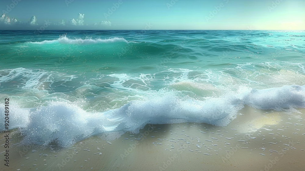 Gentle ocean waves lapping at a sandy beach during a serene morning Gentle ocean waves lapping at a sandy beach during a serene morning