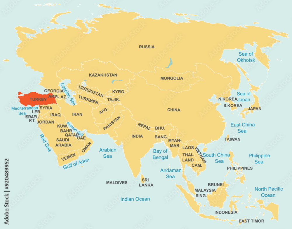 Naklejka premium Highlighted map of TURKEY inside detailed blank flat political map of the Asian continent on isolated background