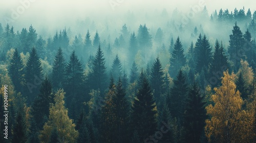 Misty Evergreen Forest with a Glimpse of Autumn Colors