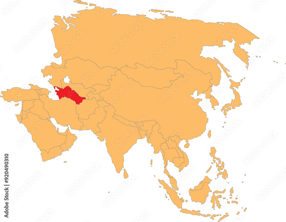 Highlighted map of TURKMENISTAN inside detailed blank flat political map of the Asian continent on isolated background Highlighted map of TURKMENISTAN inside detailed blank flat political map of the Asian continent on isolated background