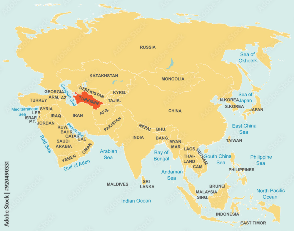 Naklejka premium Highlighted map of TURKMENISTAN inside detailed blank flat political map of the Asian continent on isolated background