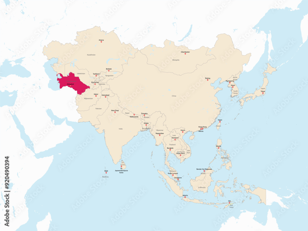 Obraz premium Highlighted map of TURKMENISTAN inside detailed blank flat political map of the Asian continent on isolated background
