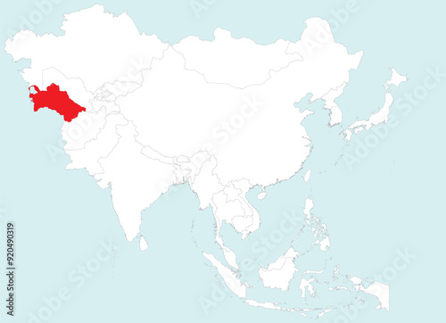 Highlighted map of TURKMENISTAN inside detailed blank flat political map of the Asian continent on isolated background