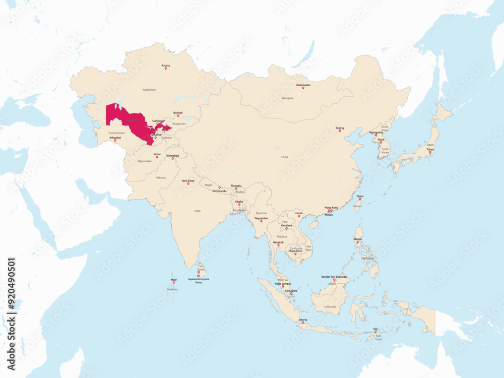 Obraz premium Highlighted map of UZBEKISTAN inside detailed blank flat political map of the Asian continent on isolated background