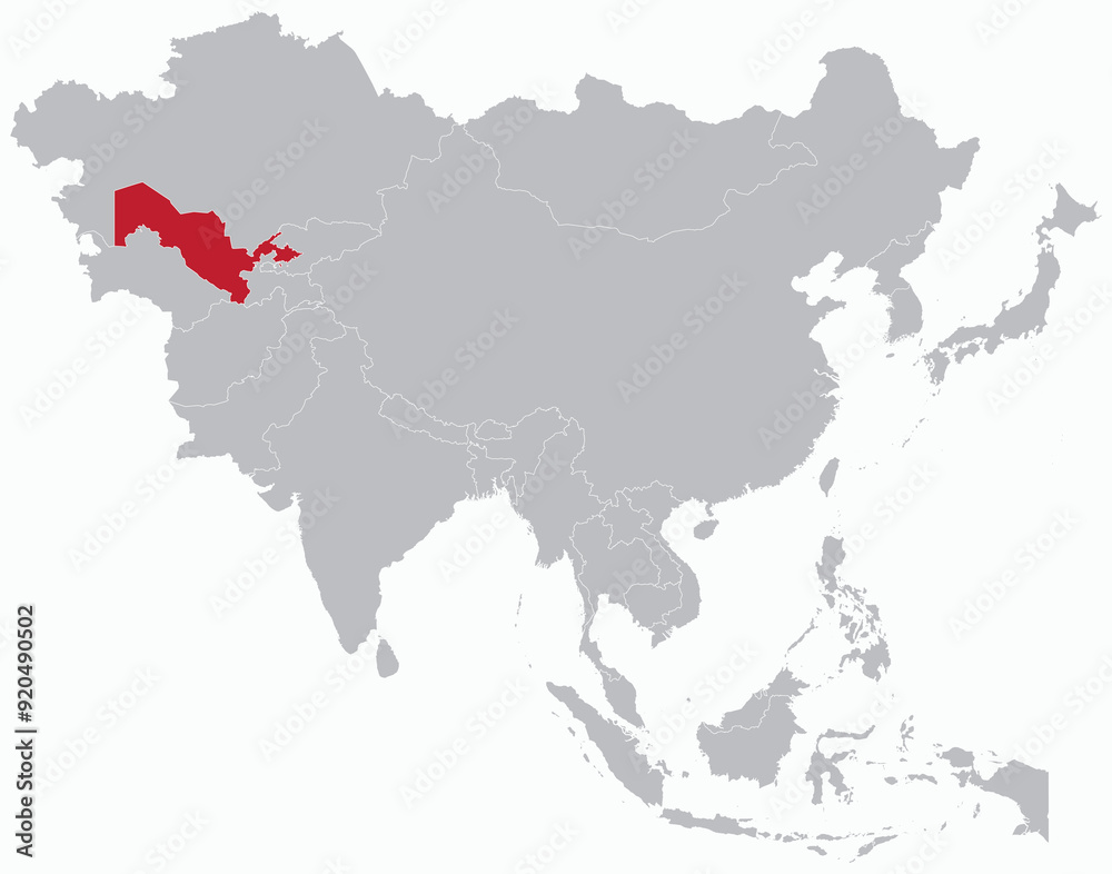 Highlighted map of UZBEKISTAN inside detailed blank flat political map of the Asian continent on isolated background Highlighted map of UZBEKISTAN inside detailed blank flat political map of the Asian continent on isolated background