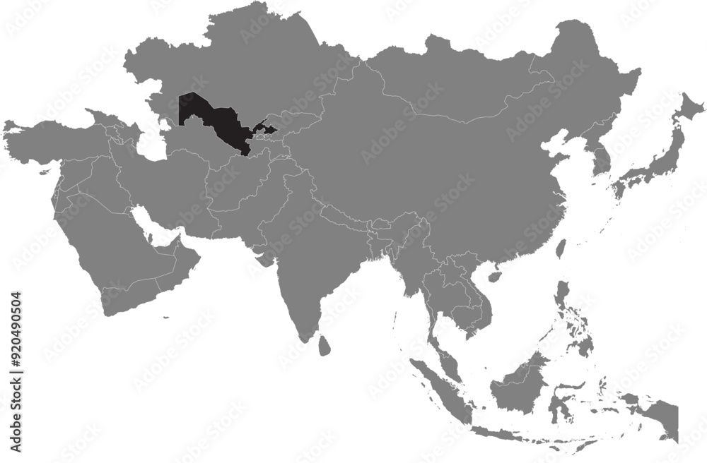 Obraz premium Highlighted map of UZBEKISTAN inside detailed blank flat political map of the Asian continent on isolated background