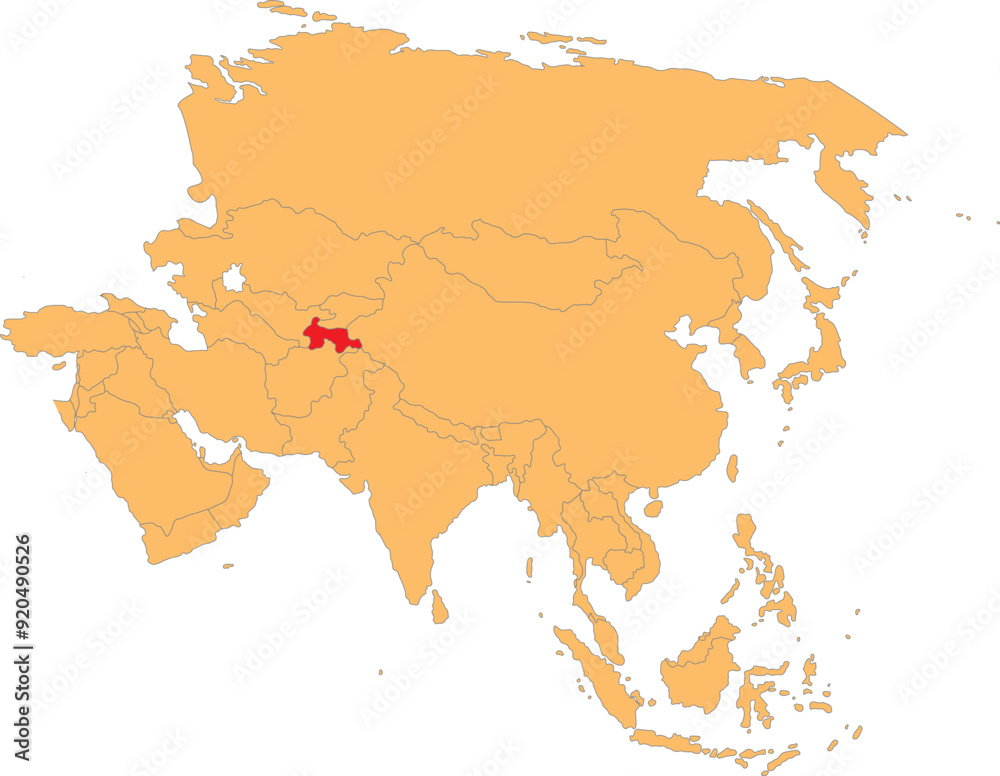 Obraz premium Highlighted map of TAJIKISTAN inside detailed blank flat political map of the Asian continent on isolated background