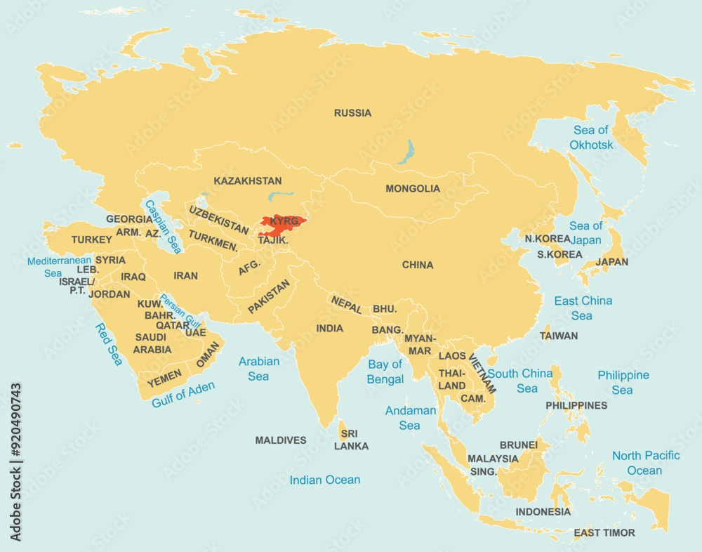 Fototapeta premium Highlighted map of KYRGYZSTAN inside detailed blank flat political map of the Asian continent on isolated background