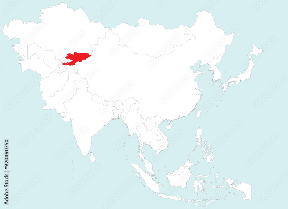 Obraz premium Highlighted map of KYRGYZSTAN inside detailed blank flat political map of the Asian continent on isolated background