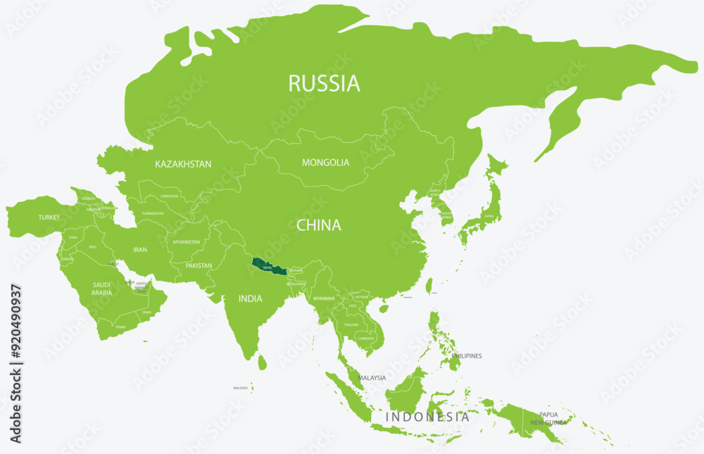 Highlighted map of NEPAL inside detailed blank flat political map of the Asian continent on isolated background Highlighted map of NEPAL inside detailed blank flat political map of the Asian continent on isolated background