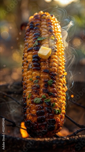 Grilled Corn on the Cob with Butter Melting and Fresh Herbs over Open Flame photo