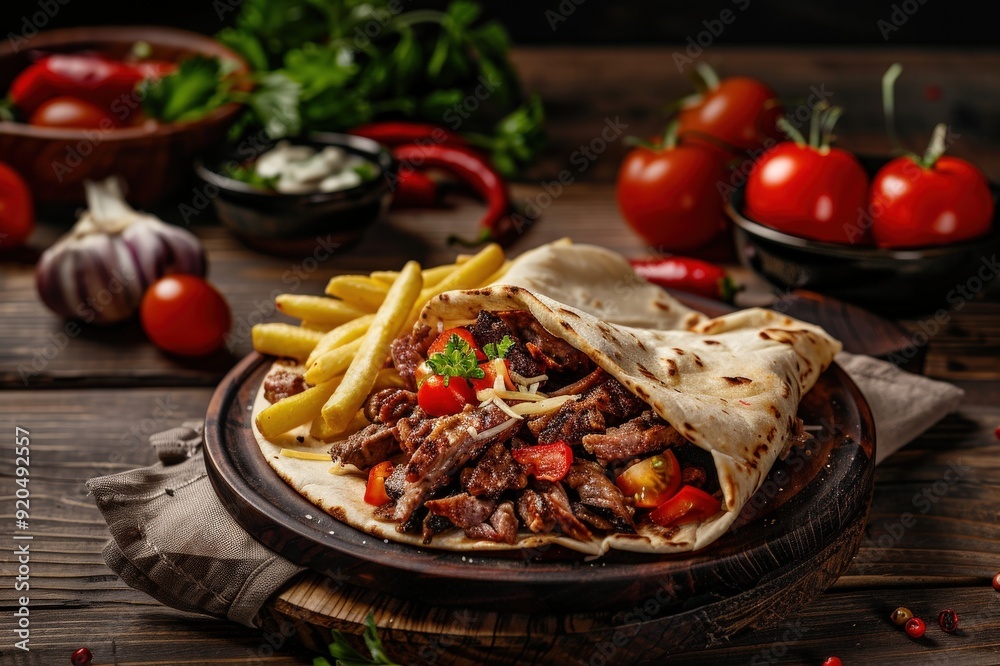 Chicken wrap - tortilla bread, served with fries. Beautiful simple AI generated image Chicken wrap - tortilla bread, served with fries. Beautiful simple AI generated image