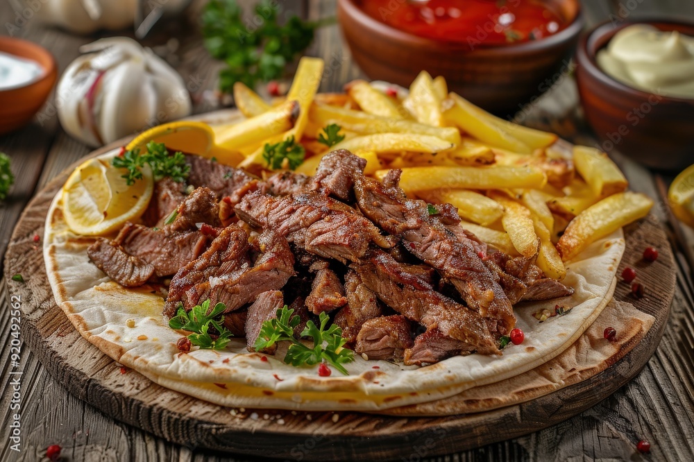 Chicken wrap - tortilla bread, served with fries. Beautiful simple AI generated image Chicken wrap - tortilla bread, served with fries. Beautiful simple AI generated image