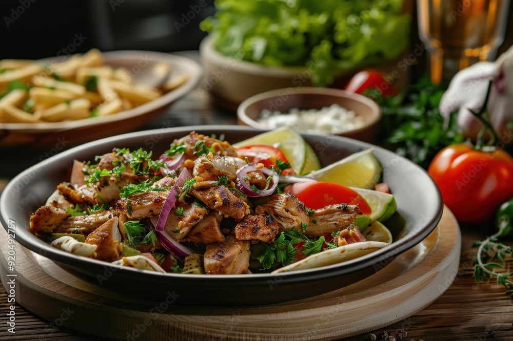 Doner kebab on a plate with french fries, salad and sauce close-up on a table. Horizontal top view. Beautiful simple AI generated image Doner kebab on a plate with french fries, salad and sauce close-up on a table. Horizontal top view. Beautiful simple AI generated image