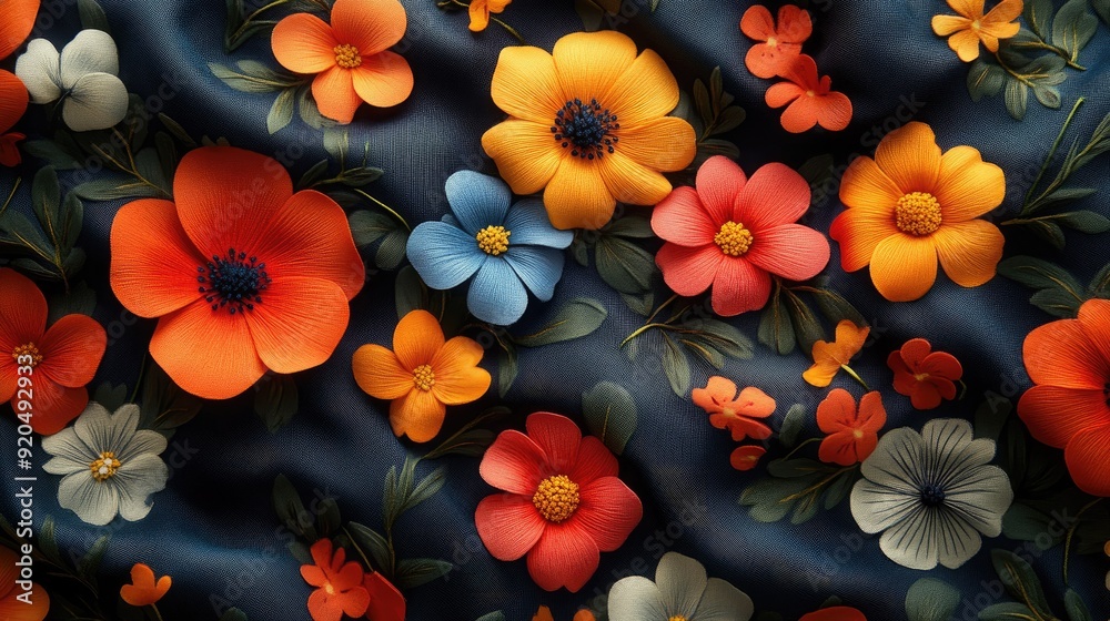 Bold, graphic floral pattern on dark fabric