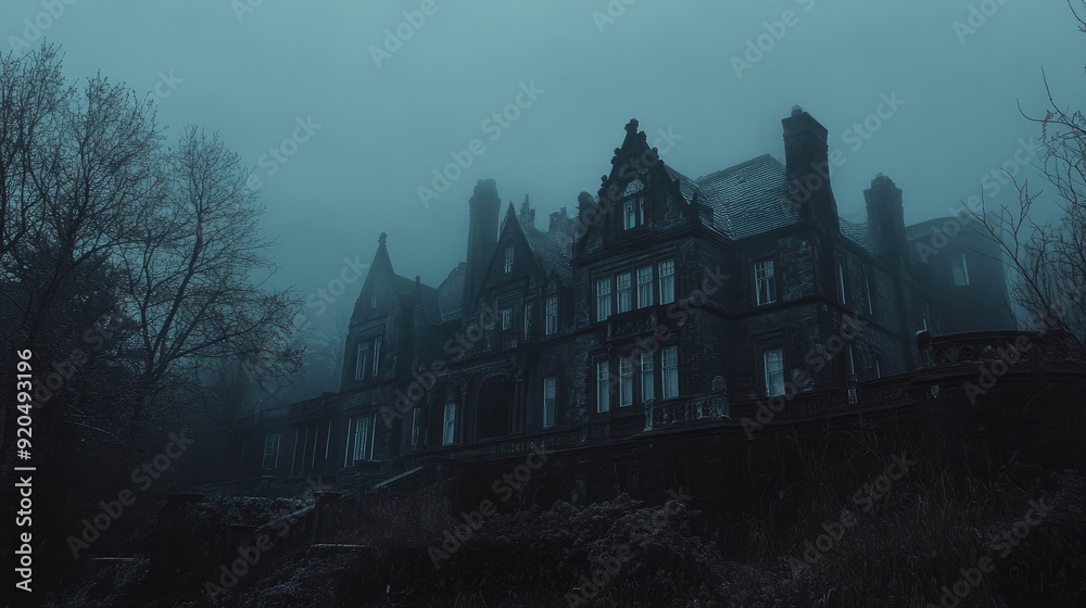Spooky old gothic castle, foggy night, haunted mansion