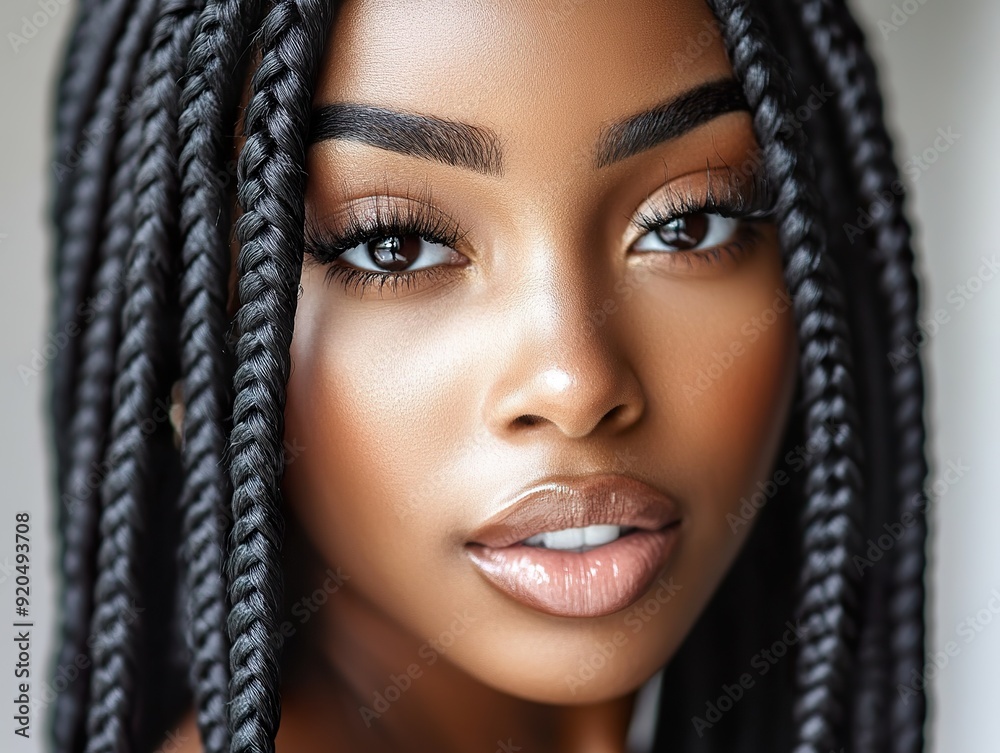 Close-up shot of a beautiful black woman with box braids Close-up shot of a beautiful black woman with box braids