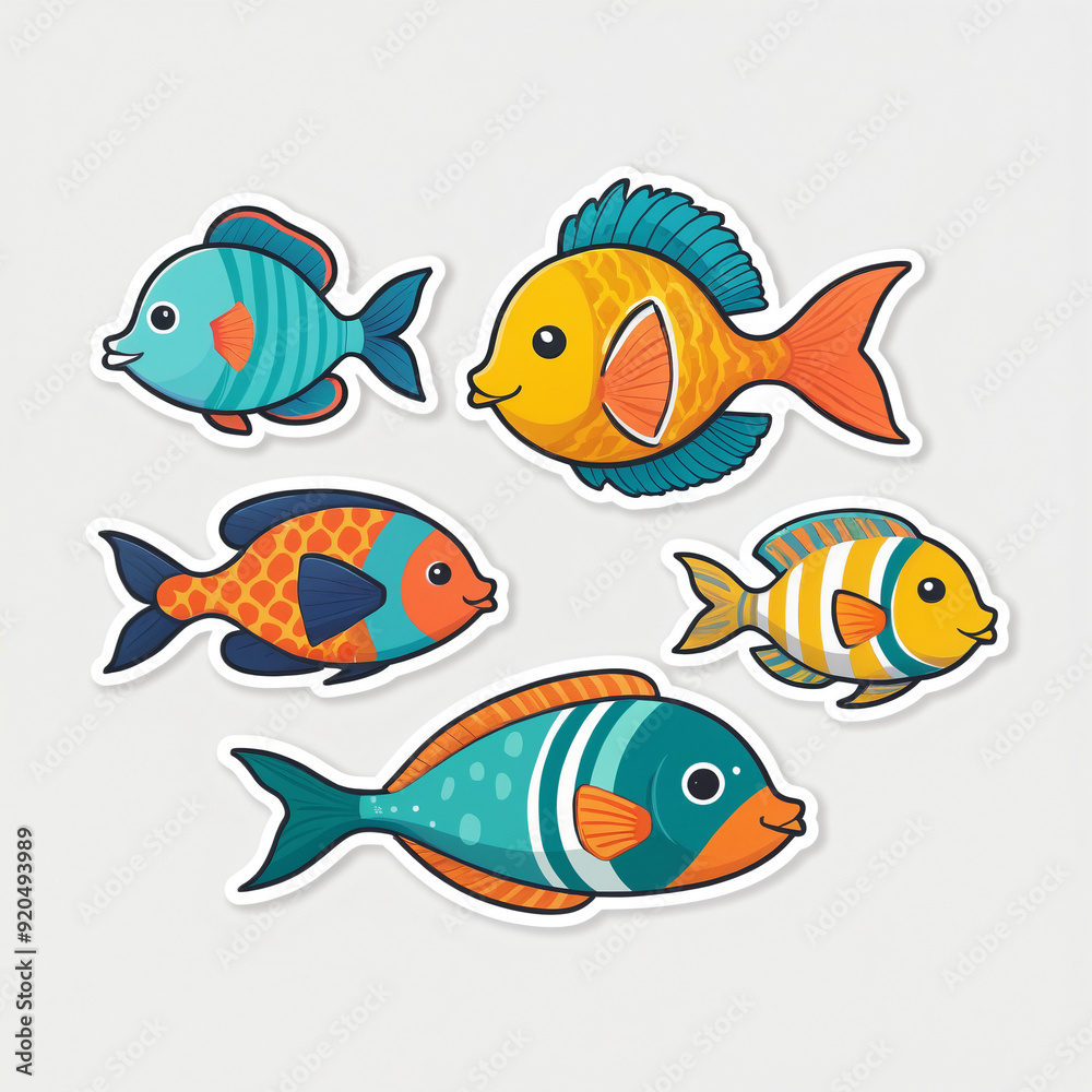 Naklejka premium Tropical fish sticker on white background. Colorful cartoon set of fish. Generated AI