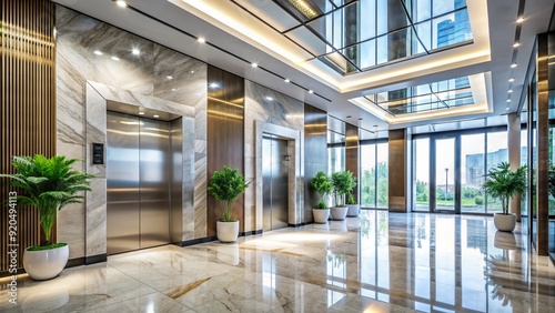 Modern elevator doors opening to a sleek, high-rise office building lobby with a polished marble floor and a stylish business center reception desk.