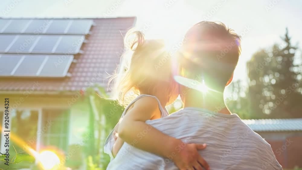 Rear view of father holding his little daughter in his arms and showing off their home with installed solar panels. alternative energy saving resources and the concept of sustainable living