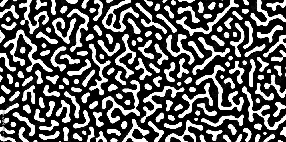 Abstract Turing organic wallpaper with background. Turing reaction diffusion monochrome seamless pattern with chaotic motion. Natural seamless line pattern. Linear design with biological shapes.