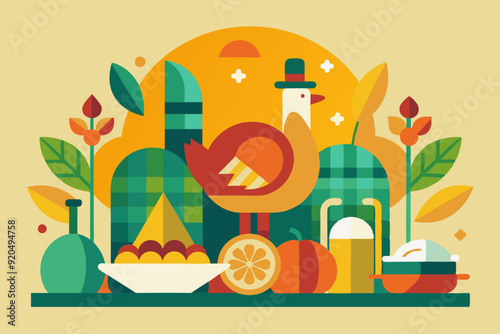 A turkey is enjoying a meal on a table with various food and drinks around it