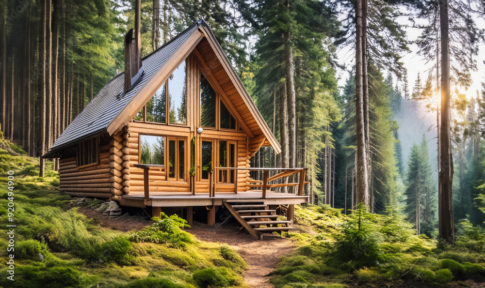 Rustic wooden hut in a green forest, with smoke coming out of the chimney Rustic wooden hut in a green forest, with smoke coming out of the chimney