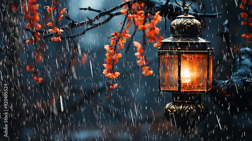 autumn background rain and copy space vintage lantern among autumn trees, fictional computer graphics