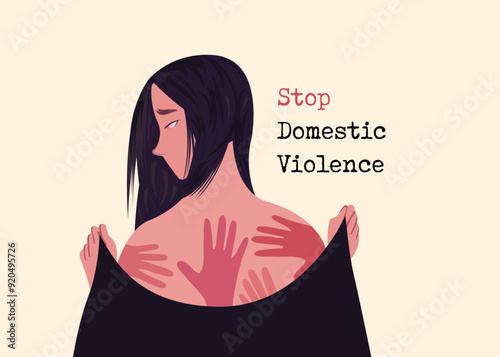 Stop, domestic violence, creative social issue, flat illustration, acknowledge domestic violence, aesthetic illustration, Concept of domestic abuse and sexual harassment, violence against women