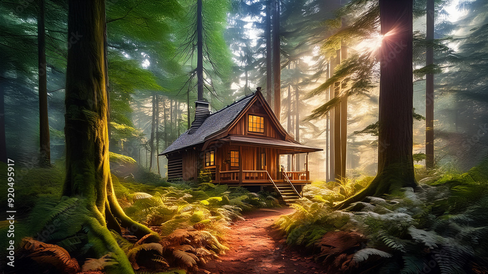 Rustic wooden hut in a green forest, with smoke coming out of the chimney Rustic wooden hut in a green forest, with smoke coming out of the chimney