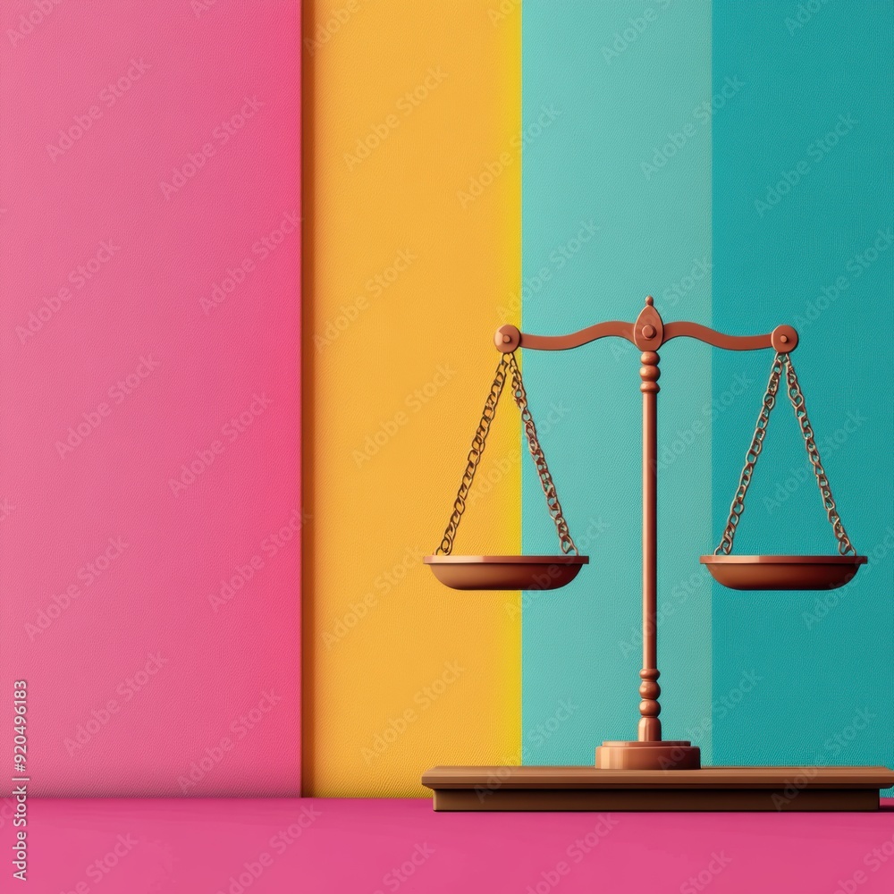 Placed against a colorful striped backdrop in rainbow hues, a justice scale represents equality, diversity, and fairness in the justice system. Placed against a colorful striped backdrop in rainbow hues, a justice scale represents equality, diversity, and fairness in the justice system.