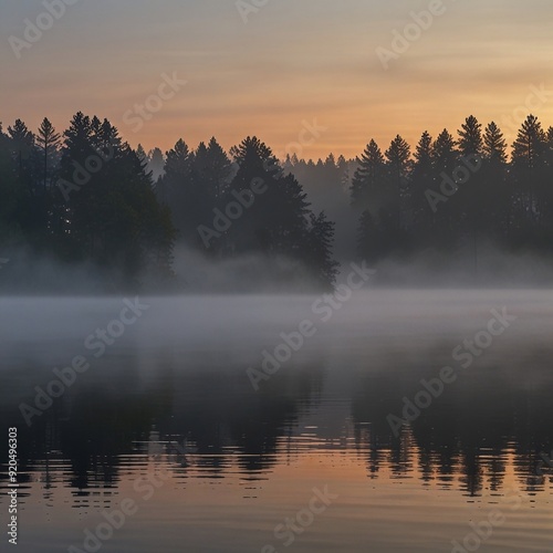 Dawn over a fog covered lake