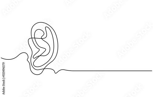 Continuous one line drawing of human ear. One line of human ear. Body parts concept continuous line art, Human ear continuous one line drawing. World deaf day single line concept template