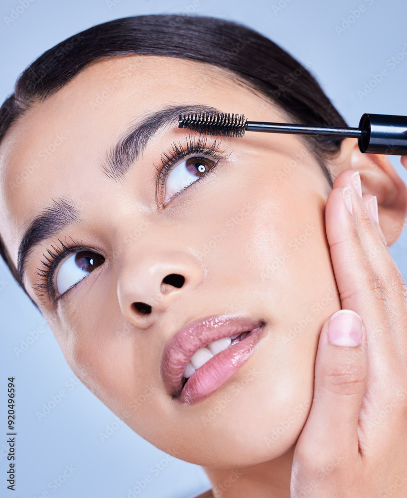 custom made wallpaper toronto digitalWoman, thinking and mascara brush in studio for eyelash treatment, application and blue background. Female person, cosmetic tool and skincare for makeup product, cosmetics and hydration for lashes