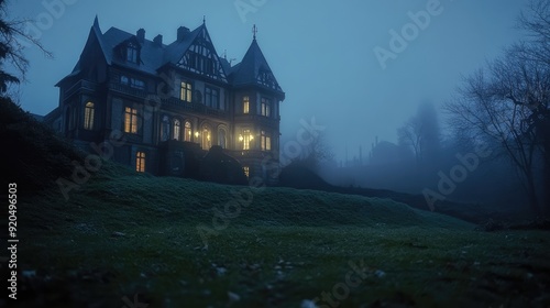 Spooky old gothic castle, foggy night, haunted mansion