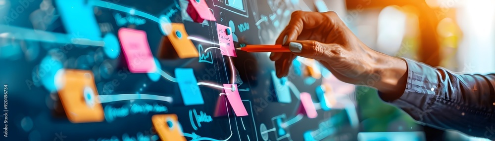 Businesswoman Brainstorming on a Whiteboard with Sticky Notes. Businesswoman Brainstorming on a Whiteboard with Sticky Notes.