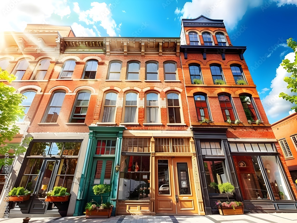 Fototapeta premium Historic Brick Building with Storefronts on a Sunny Day.
