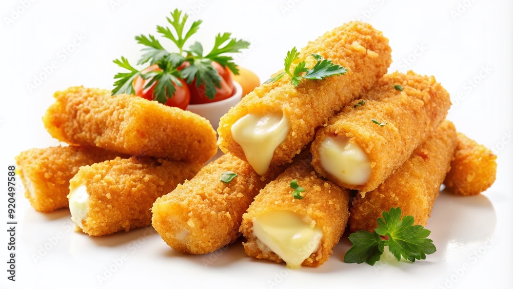 Crispy golden mozzarella sticks oozing with melted cheese, served on a clean white background, perfect for appetizer or snack plating presentation. Crispy golden mozzarella sticks oozing with melted cheese, served on a clean white background, perfect for appetizer or snack plating presentation.