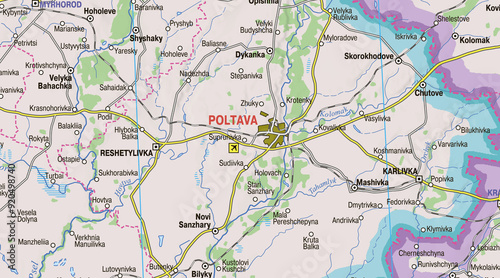 Map of central Ukraine featuring the city of Poltava highlighted, illustrating its location and significance within the region, surrounded by key towns and geographic landmarks.