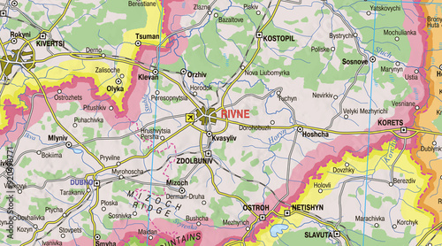 Map of western Ukraine highlighting the city of Rivne, showcasing its location and importance within the region, surrounded by neighboring towns and geographical features