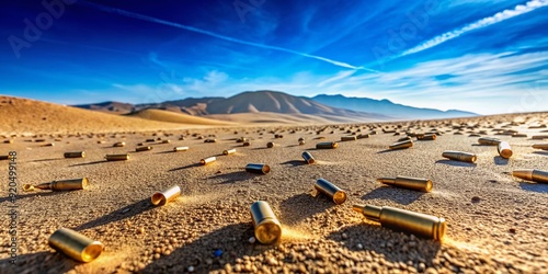 Eerie silence pervades the desolate desert landscape, littered with spent bullet casings, under a brilliant blue sky with not a cloud in sight. photo