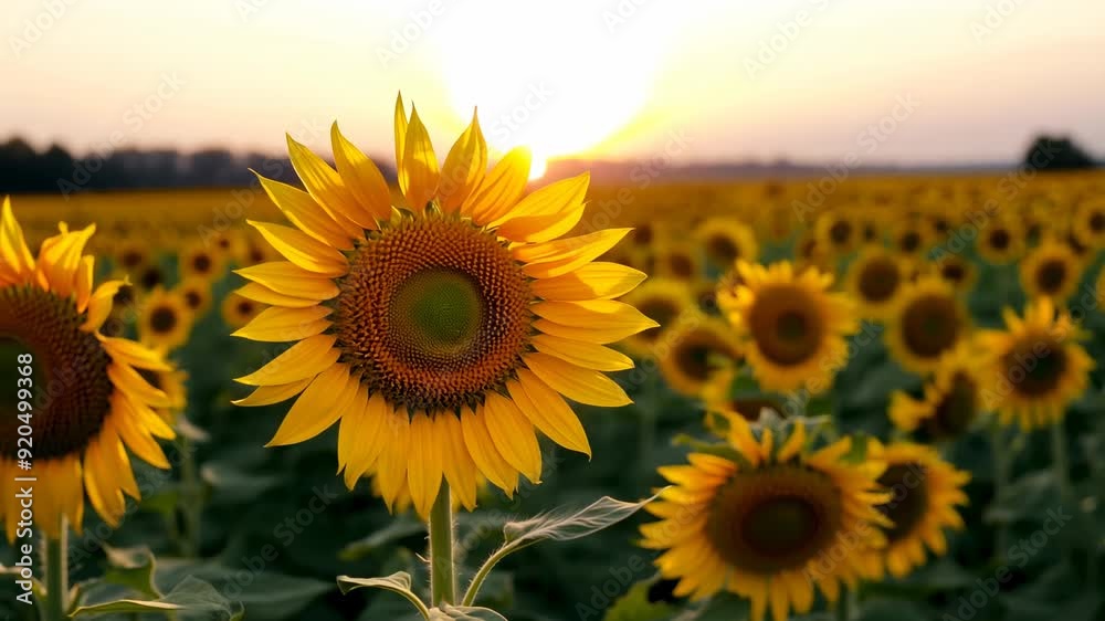 Golden sunflowers blooming at sunset in a scenic field Golden sunflowers blooming at sunset in a scenic field