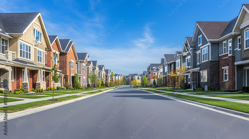 Spotless, Uninhabited Street Flanked by Contemporary Townhouses in a Brand-New Neighborhood. Spotless, Uninhabited Street Flanked by Contemporary Townhouses in a Brand-New Neighborhood.