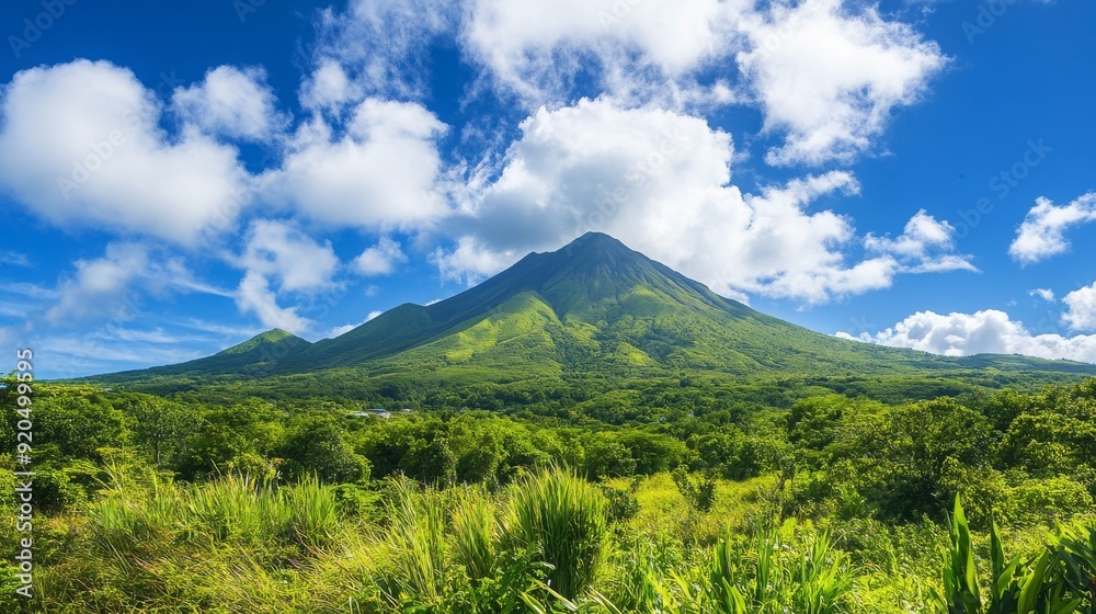 Fototapeta premium A lush green mountain peak against a vibrant blue sky with fluffy white clouds.