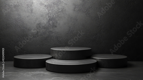  Four circular, black podiums in front of a dark, textured wall.