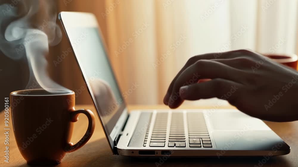 Working on a laptop with coffee cups in a cozy morning setting Working on a laptop with coffee cups in a cozy morning setting
