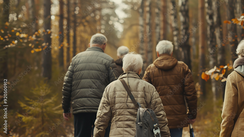 Fototapeta premium a group of elderly people hiking in the forest, pensioners go hiking, a view from the back