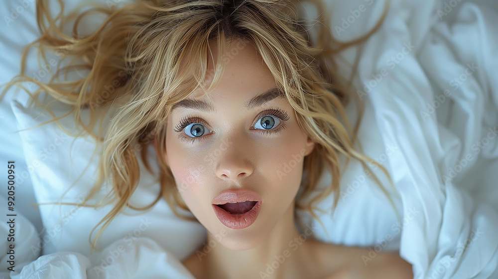 Blonde adult model on a white pillow portrait of surprise and joy satisfaction