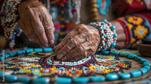 Close-up of Elderly Hands Crafting Intricate Beaded Jewelry with Colorful Beads and Traditional Patterns photo